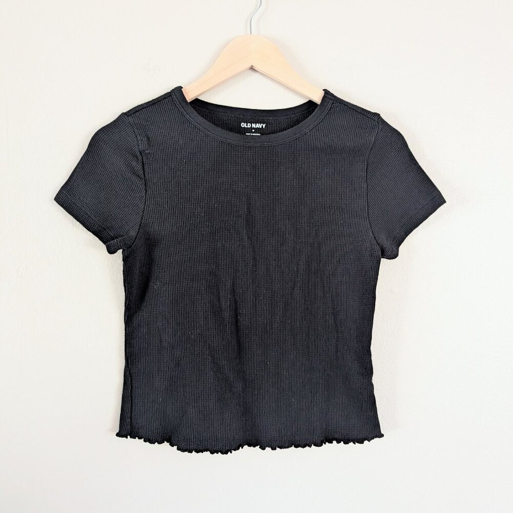 Slim Fit Scallop Hem Waffle Knit Baby Tee Black Crew Neck Cotton Poly Women's M‎